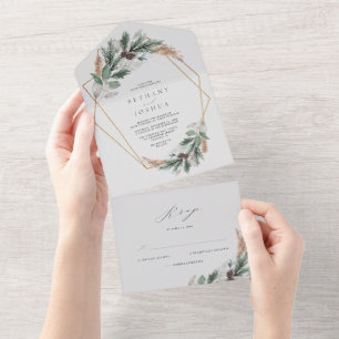 Elegant Gold Geometric Winter Greenery Wedding All In One Uitnodiging