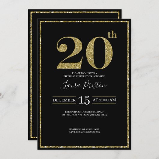 Elegant Gold Glitter 20th Birthday Kaart (Voorkant / Achterkant)