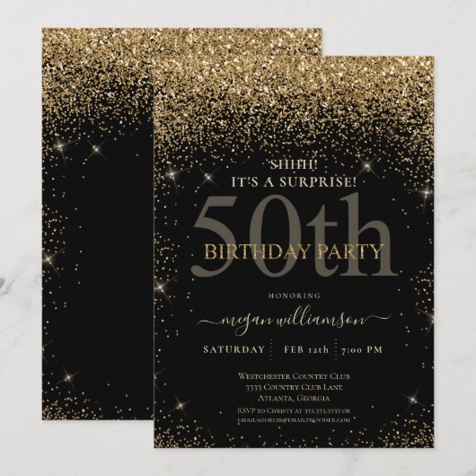 Elegant Gold Glitter 50th Birthday Party Kaart (Voorkant / Achterkant)