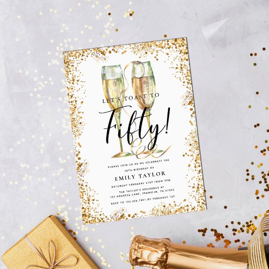Elegant Gold Glitter 50th Birthday Party Kaart
