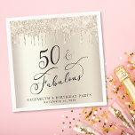Elegant Gold Glitter 50th Birthday Party Servet<br><div class="desc">Chique servetten voor haar 50ste verjaardagsfeestje met "50 & Fabulous" in een elegant kalligrafiescript op een gouden faux folie achtergrond met gouden faux glitter druppelen van de bovenkant. Personaliseer met haar naam en de datum van het feest.</div>