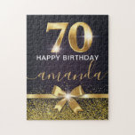 Elegant Gold Glitter 70th Birthday Legpuzzel<br><div class="desc">Elegant Stylish Black en Gold 70th Birthday puzzels. Ontwerpkenmerken van goudglitter en gouden dunne boog aan de voorzijde,  alsmede gouden folie 70. Personaliseer met een naam.</div>