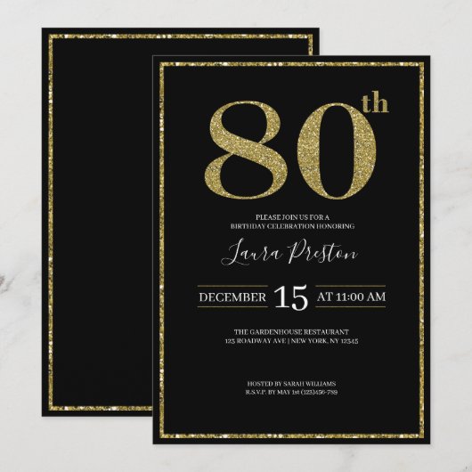 Elegant Gold Glitter 80th Birthday Kaart (Voorkant / Achterkant)