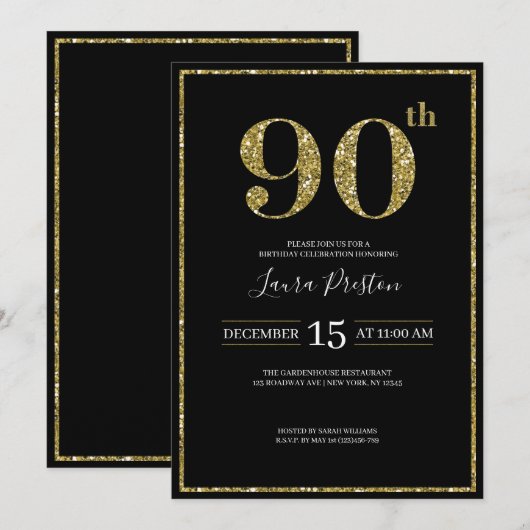 Elegant Gold Glitter 90th Birthday Kaart (Voorkant / Achterkant)