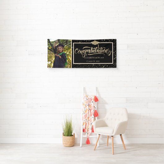 Elegant Gold Glitter Afstudeerder Pet, Foto Afstud Spandoek (Insitu)