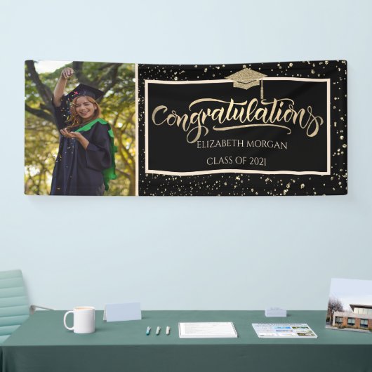 Elegant Gold Glitter Afstudeerder Pet, Foto Afstud Spandoek (Beurs)