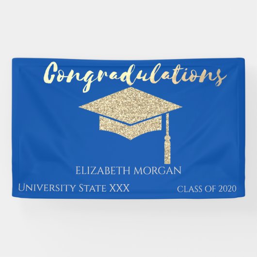Elegant Gold Glitter Afstuderen Pet, blauw Afstude Spandoek (Horizontaal)