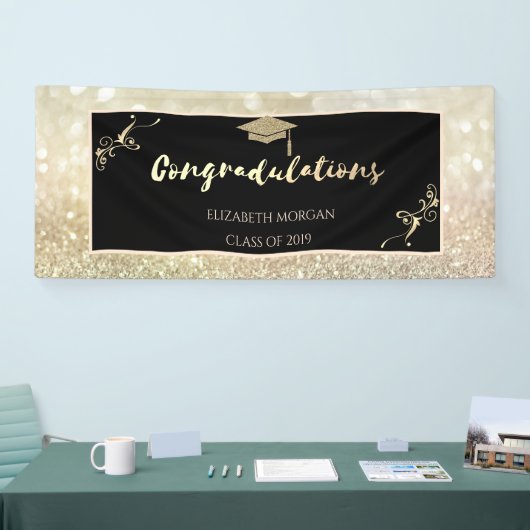 Elegant Gold Glitter Afstuderen Pet, Bokeh Spandoek (Beurs)