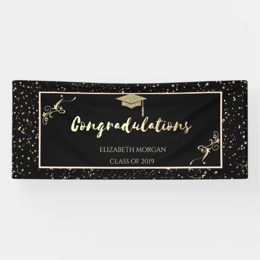 Elegant Gold Glitter Afstuderen Pet, Confetti Spandoek (Horizontaal)