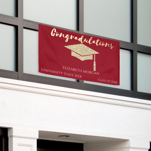 Elegant Gold Glitter Afstuderen Pet, rood Afstuder Spandoek (Buitenkant Gebouw)
