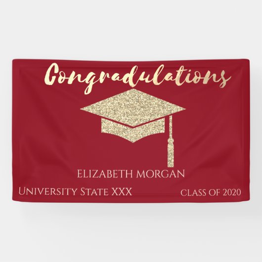 Elegant Gold Glitter Afstuderen Pet, rood Afstuder Spandoek (Horizontaal)