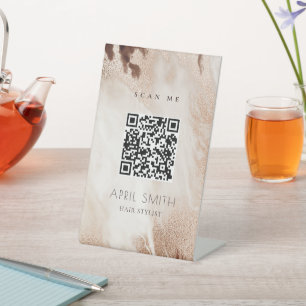 Elegant Gold Glitter Agate Marble beige QR Code Reclamebord Met Voetstuk