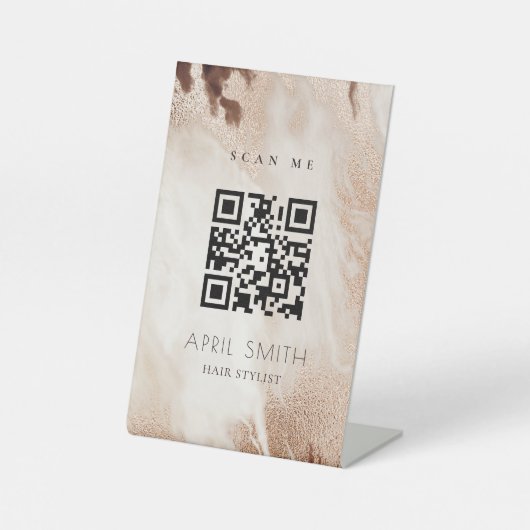 Elegant Gold Glitter Agate Marble beige QR Code Reclamebord Met Voetstuk (Voorkant)
