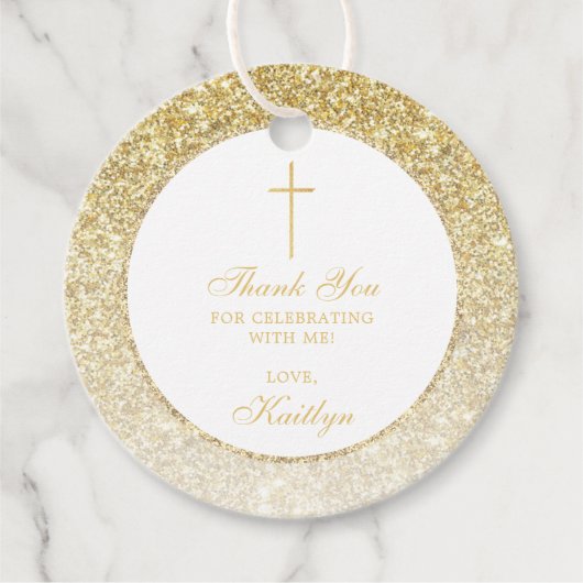 Elegant Gold Glitter Bevestiging of Baptisme Bedankjes Labels (Voorkant)