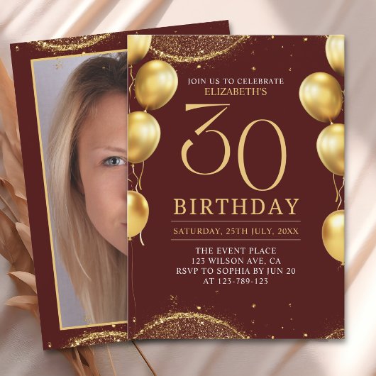 Elegant Gold Glitter Birthday 30th with Balloons Kaart