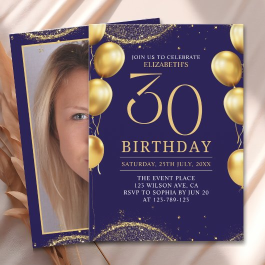 Elegant Gold Glitter Birthday 30th with Balloons Kaart