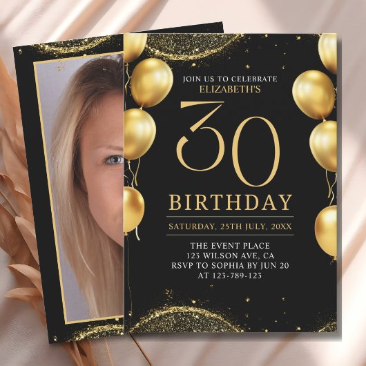 Elegant Gold Glitter Birthday 30th with Balloons Kaart