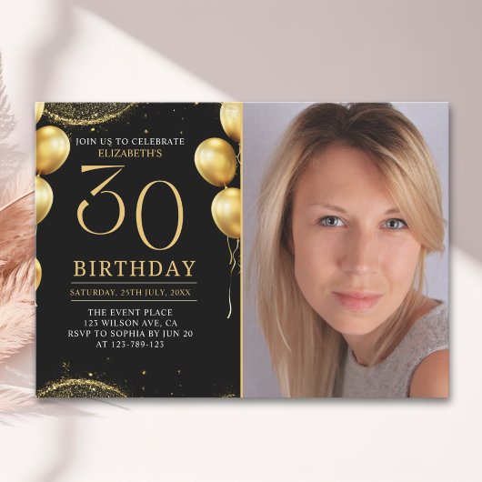 Elegant Gold Glitter Birthday 30th With Photo Kaart
