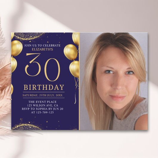 Elegant Gold Glitter Birthday 30th With Photo Kaart