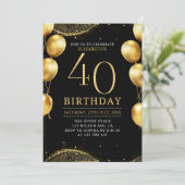 Elegant Gold Glitter Birthday 40th with Balloons Kaart (Staand voorkant)