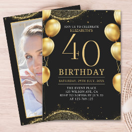 Elegant Gold Glitter Birthday 40th with Balloons Kaart