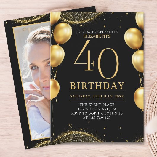 Elegant Gold Glitter Birthday 40th with Balloons Kaart