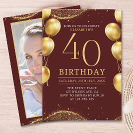 Elegant Gold Glitter Birthday 40th with Balloons Kaart