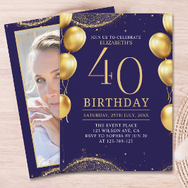 Elegant Gold Glitter Birthday 40th with Balloons Kaart