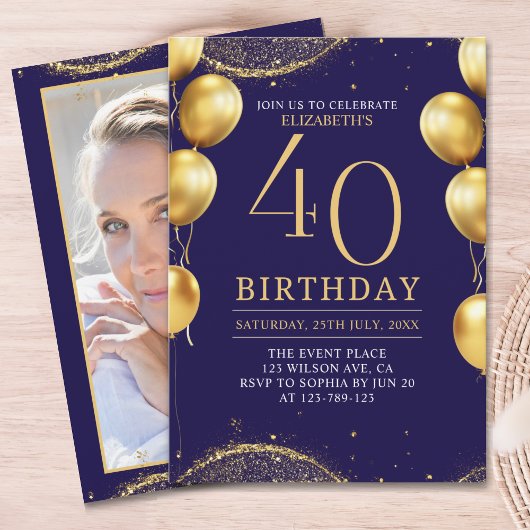 Elegant Gold Glitter Birthday 40th with Balloons Kaart