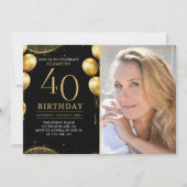 Elegant Gold Glitter Birthday 40th With Photo Kaart (Voorkant)