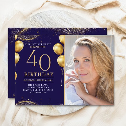 Elegant Gold Glitter Birthday 40th With Photo Kaart