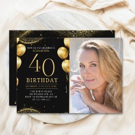 Elegant Gold Glitter Birthday 40th With Photo Kaart