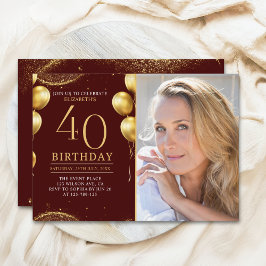 Elegant Gold Glitter Birthday 40th With Photo Kaart