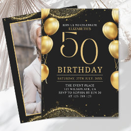 Elegant Gold Glitter Birthday 50th with Balloons Kaart