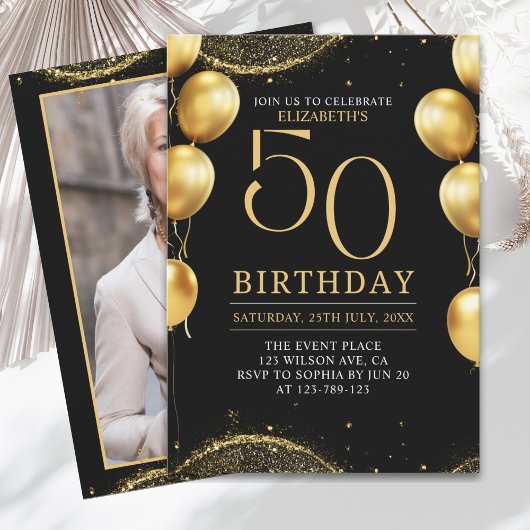 Elegant Gold Glitter Birthday 50th with Balloons Kaart