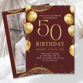 Elegant Gold Glitter Birthday 50th with Balloons Kaart