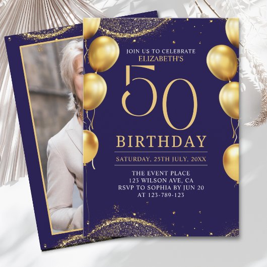 Elegant Gold Glitter Birthday 50th with Balloons Kaart
