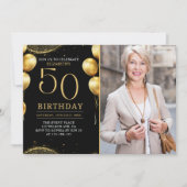 Elegant Gold Glitter Birthday 50th With Photo Kaart (Voorkant)