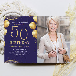 Elegant Gold Glitter Birthday 50th With Photo Kaart