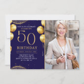 Elegant Gold Glitter Birthday 50th With Photo Kaart (Voorkant)