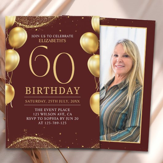 Elegant Gold Glitter Birthday 60th with Balloons Kaart