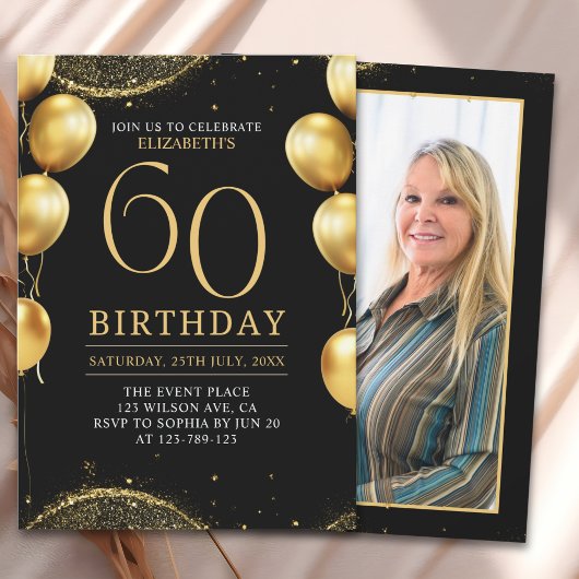 Elegant Gold Glitter Birthday 60th with Balloons Kaart