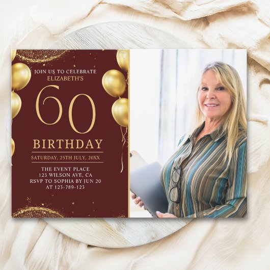 Elegant Gold Glitter Birthday 60th With Photo Kaart