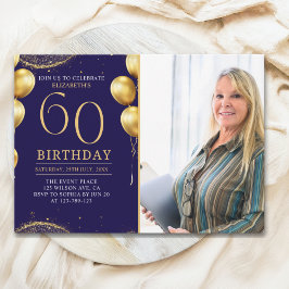 Elegant Gold Glitter Birthday 60th With Photo Kaart
