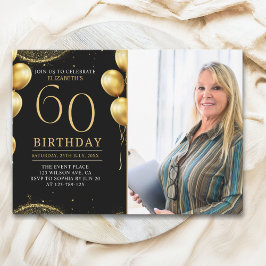 Elegant Gold Glitter Birthday 60th With Photo Kaart