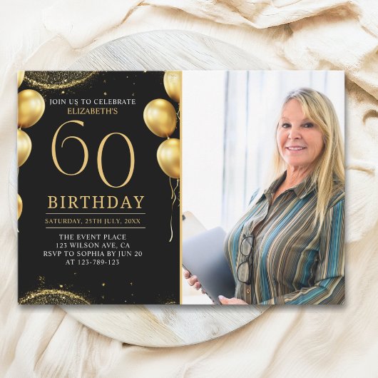 Elegant Gold Glitter Birthday 60th With Photo Kaart