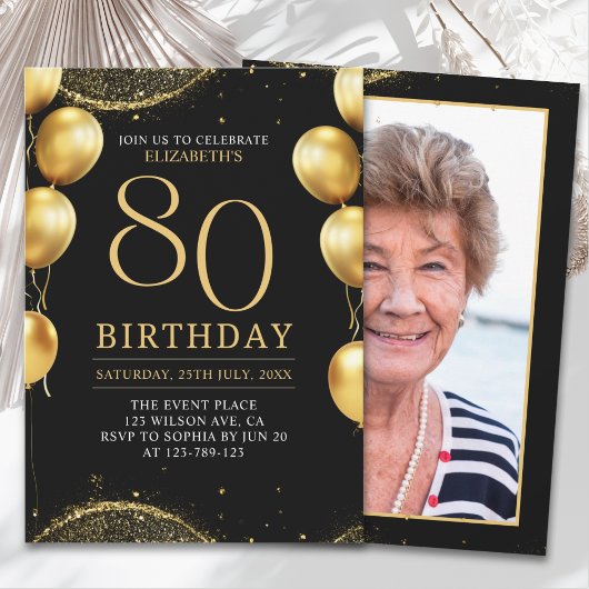  Elegant Gold Glitter Birthday 80th with Ballons Kaart