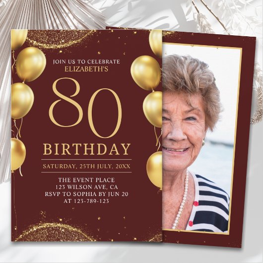  Elegant Gold Glitter Birthday 80th with Ballons Kaart