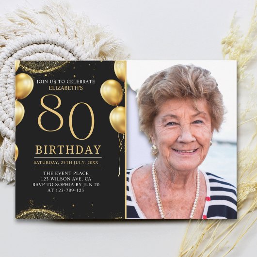 Elegant Gold Glitter Birthday 80th With Photo Kaart