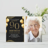 Elegant Gold Glitter Birthday 90th With Photo Kaart (Staand voorkant)